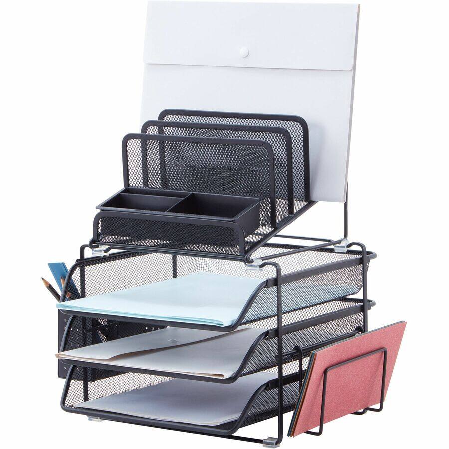 Angle. Lorell - Lorell Divided 4 tier Desktop Organizer 4 Tier 15.75" x 12.87" x 14.37" Desktop Black Plastic Mesh - Black.