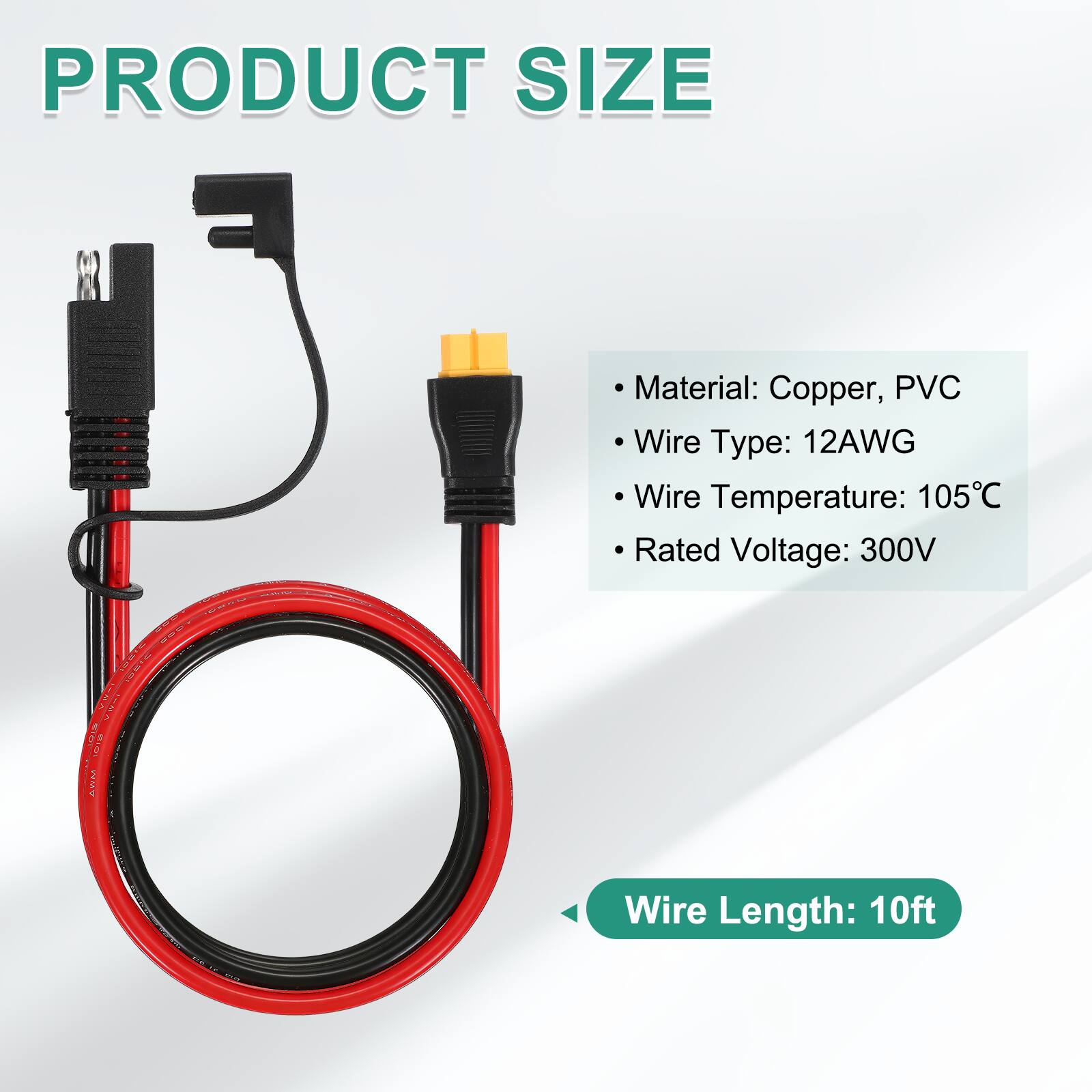 PRODUCT SIZE

- Material: Copper, PVC
- Wire Type: 12AWG
- Wire Temperature: 105°C
- Rated Voltage: 300V
- Wire Length: 10ft