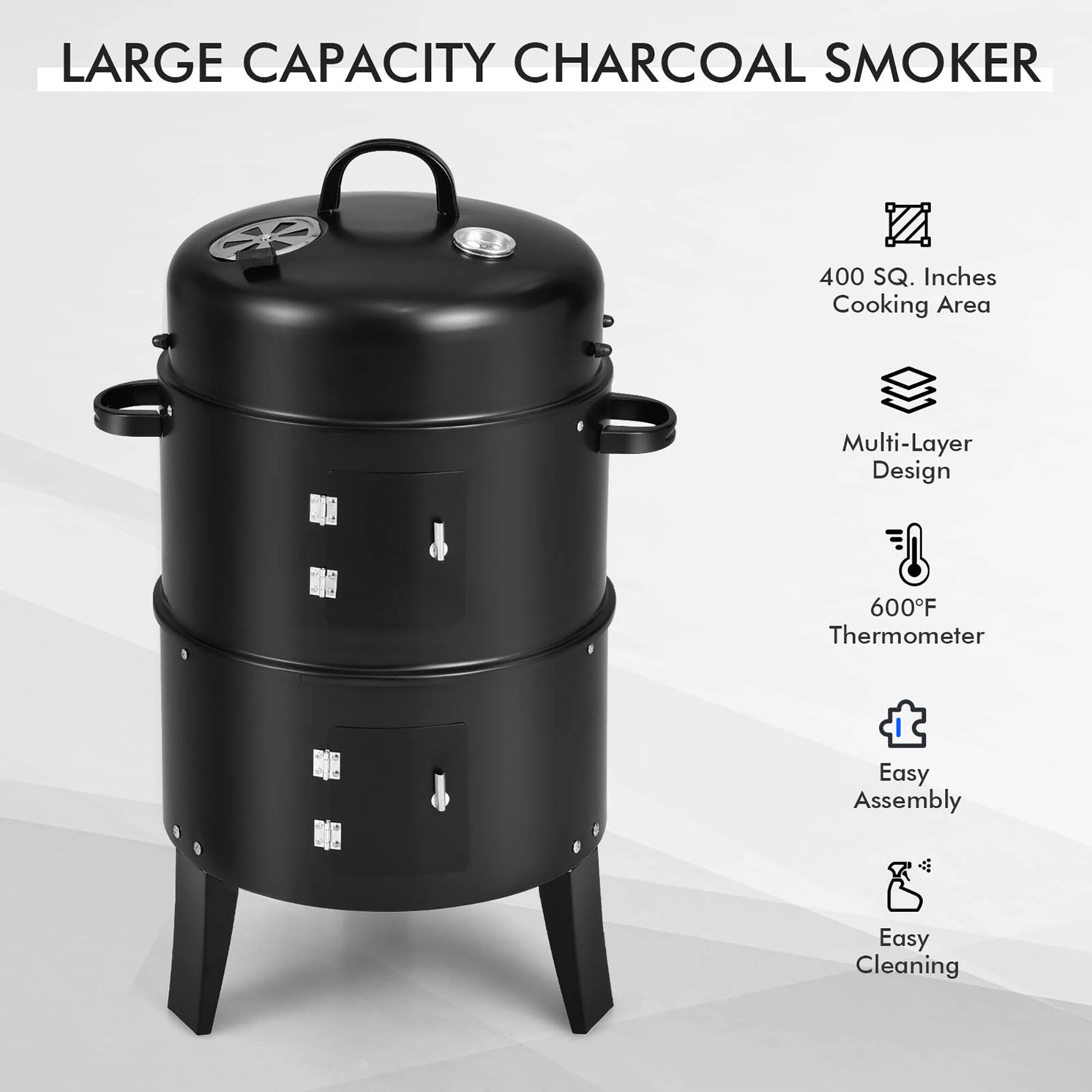 LARGE CAPACITY CHARCOAL SMOKER 400 SQ. INCHES COOKING AREA MULTI-LAYER DESIGN 600F THERMOMETER EASY ASSEMBLY EASY CLEANING