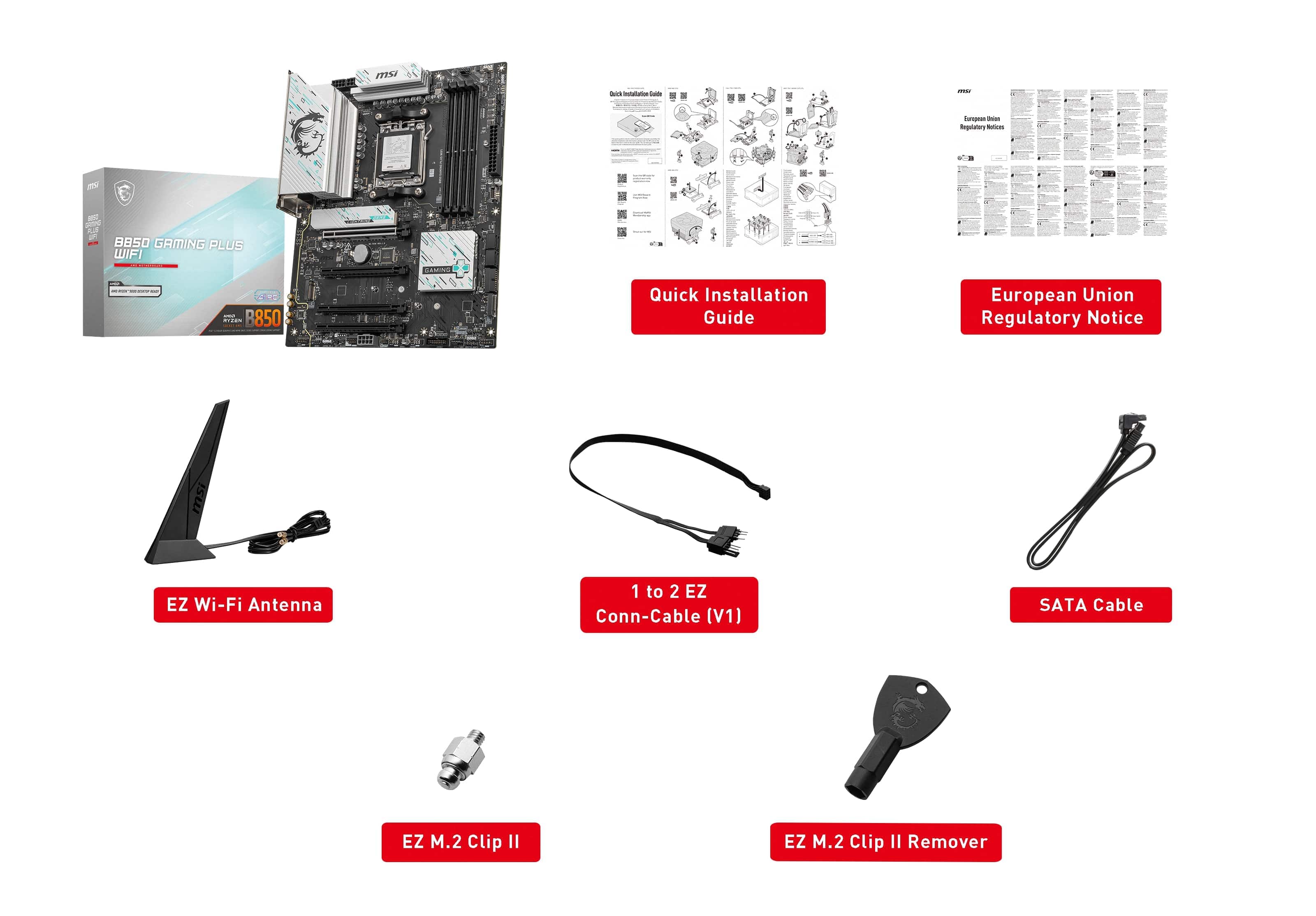 The image features a white background with a variety of computer components and accessories. The text on the image reads:
1. EZ-ARENA
2. B850 GRMING PLUS WIFI
3. Quick Installation Guide
4. European Union Regulatory Notice
5. 1 to 2 EZ Conn-Cable (V1)
6. SATA Cable
7. EZ M.2 Clip I
8. EZ M.2 Clip II
9. Remover
These items are likely part of a computer hardware setup or a computer repair kit.