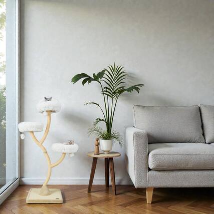 Front. BreeBe - Tall 70-Inch Cat Tree Featuring 4 Levels Three Elevated Perches and Dangling Balls - Beige.