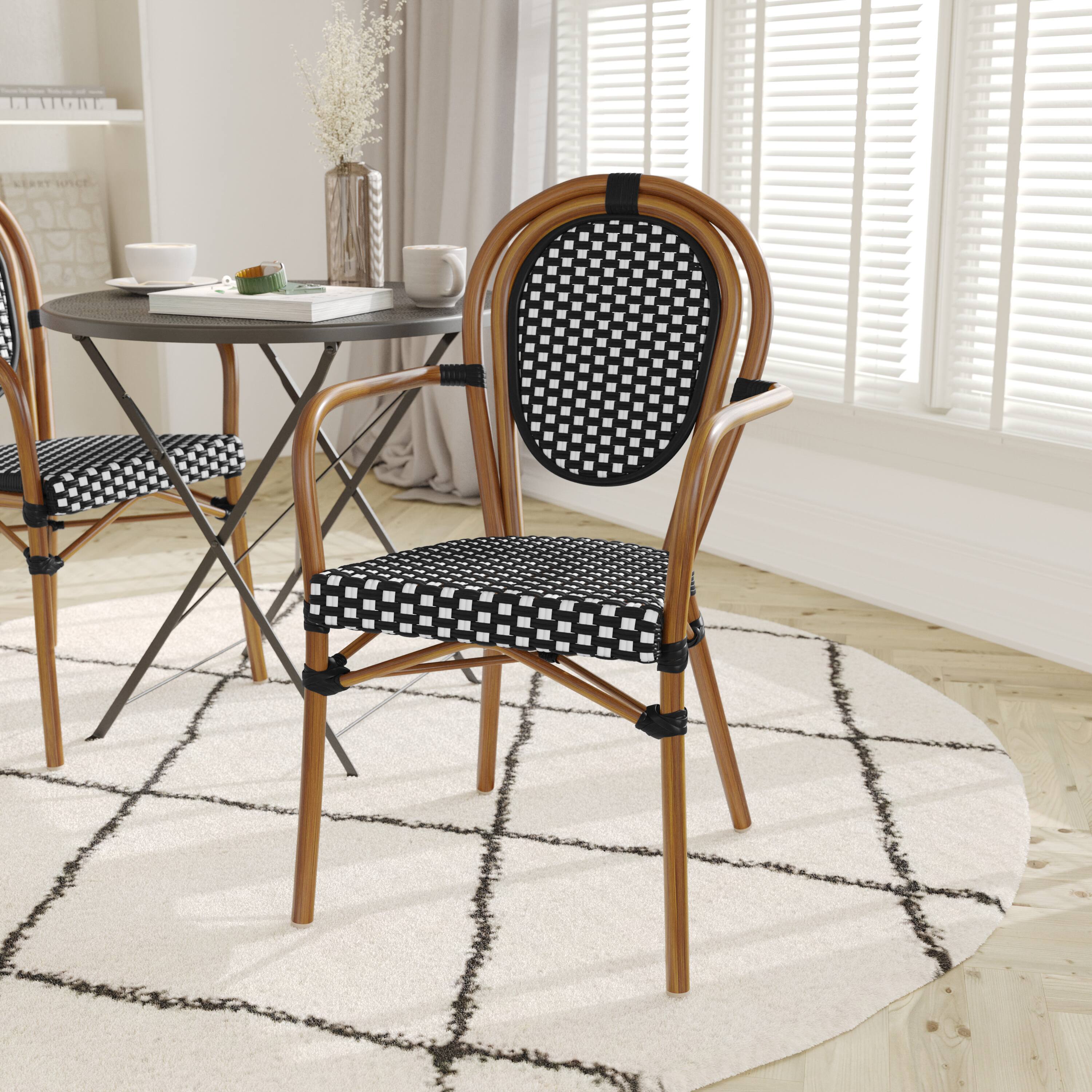Alt View 1. Emma + Oliver - Colmar Indoor/Outdoor Stacking Thonet Bistro Style Chair with Arms, PE Rattan Seat and Finished Metal Frame - Black & White/Natural Frame.