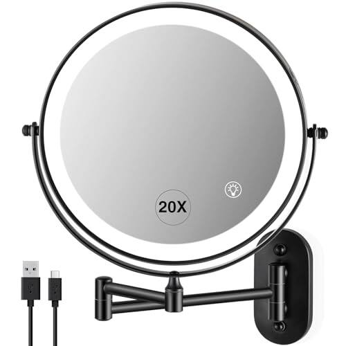 Front. Cedar Assembly - Mirror LED Lighted Magnifying Rechargeable Vanity Makeup Multi-Color Double-Sided Dimmable - Brush Black-20X.