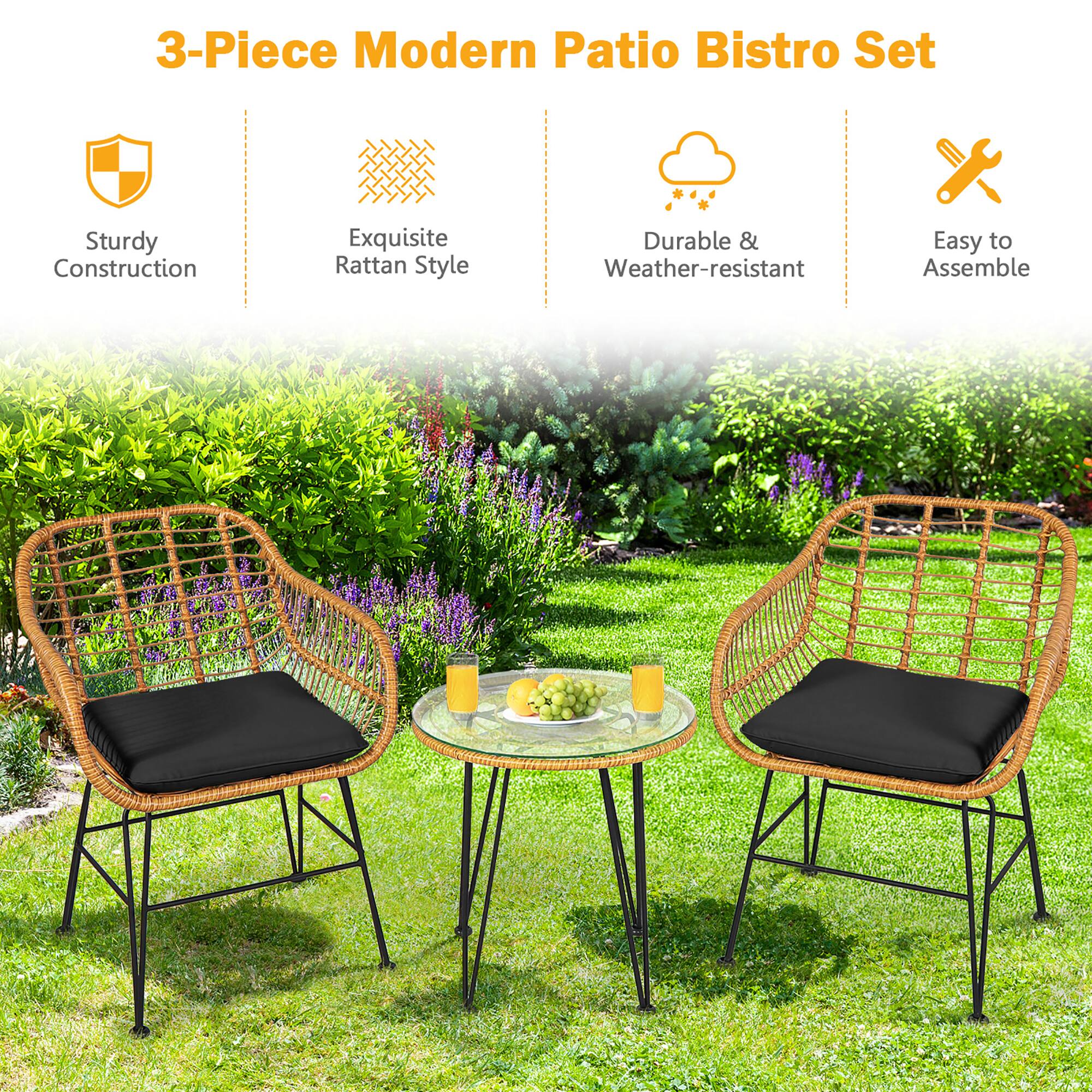 3-Piece Modern Patio Bistro Set

- Sturdy Construction
- Exquisite Rattan Style
- Durable & Weather-resistant
- Easy to Assemble