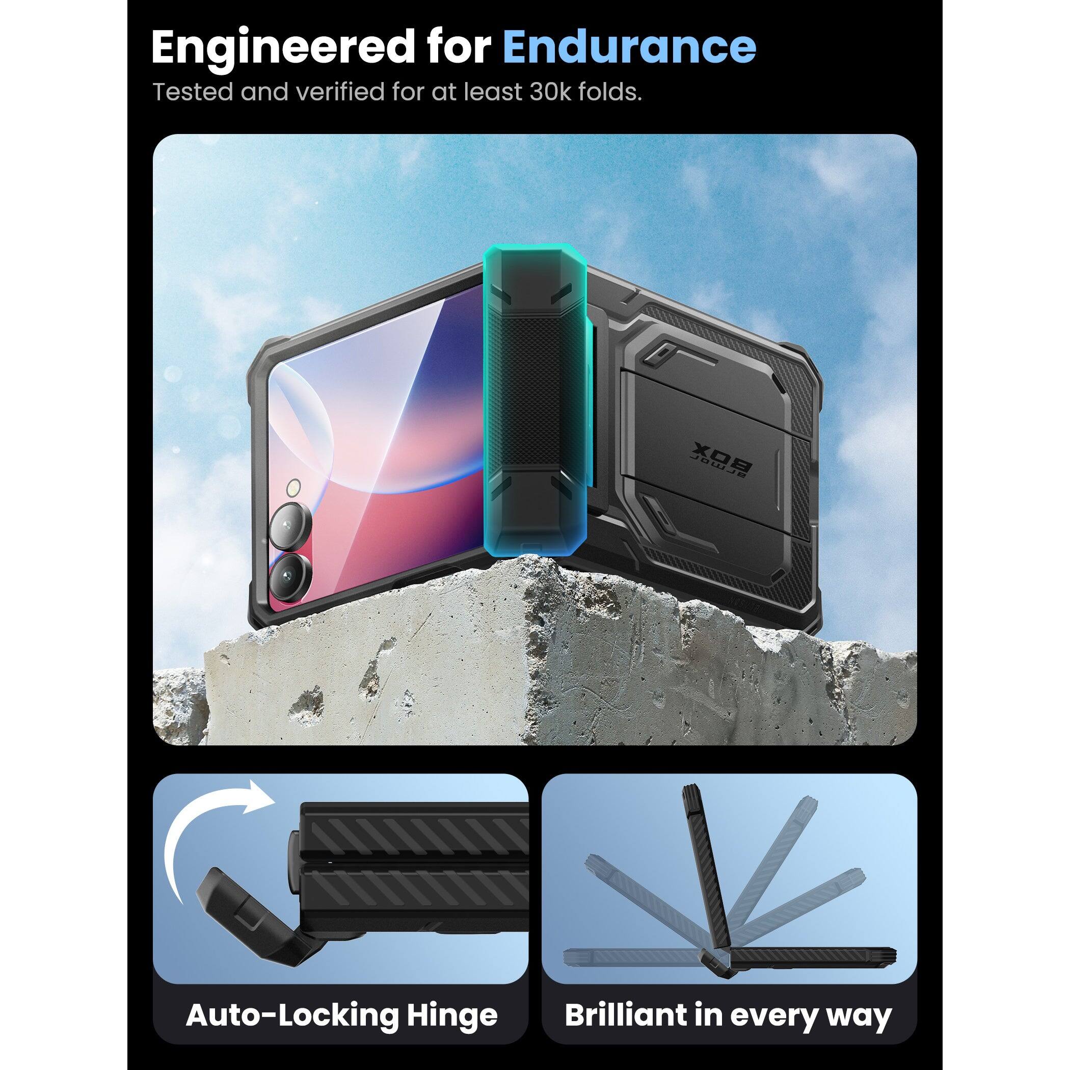 Engineered for Endurance  
Tested and verified for at least 30k folds.

Auto-Locking Hinge

Brilliant in every way