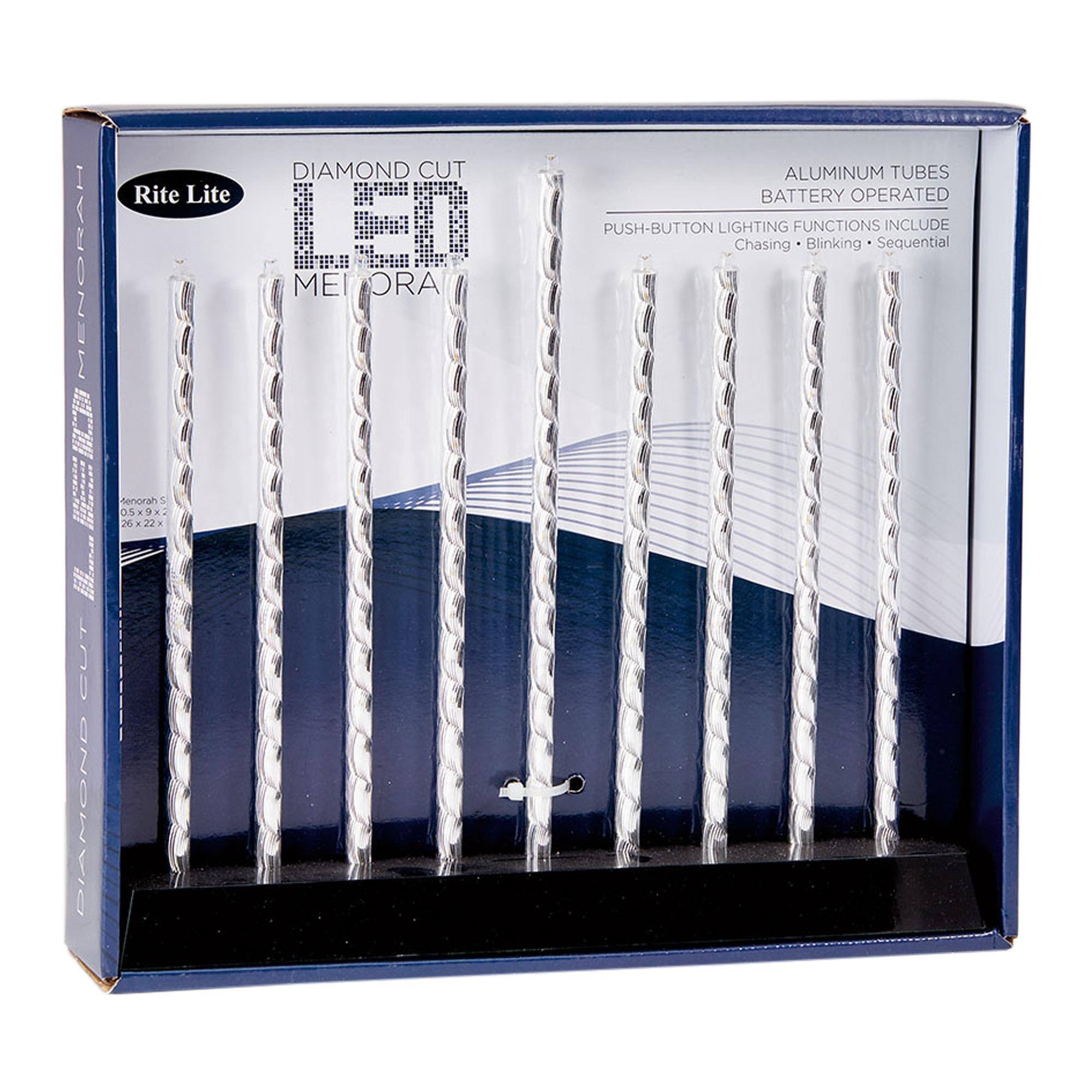 MENORAH METORA  
DIAMOND CUT LED  
Rite Lite  

ALUMINUM TUBES  
BATTERY OPERATED  

PUSH-BUTTON LIGHTING FUNCTIONS INCLUDE  
Chasing • Blinking • Sequential  

Menorah 5  
26" x 22" x 2"