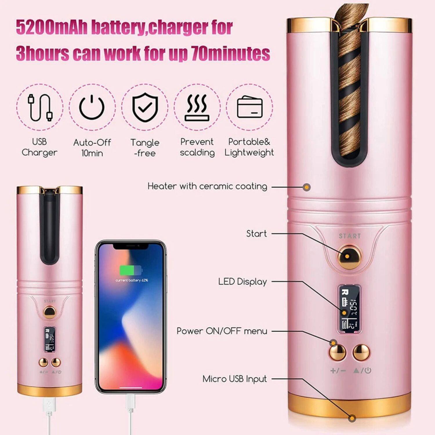 5200mAh battery, charger for 3 hours can work for up to 70 minutes

- USB Charger
- Auto-Off 10min
- Tangle-free
- Prevent scalding
- Portable & Lightweight
- Heater with ceramic coating

LED Display
Power ON/OFF menu
Micro USB Input

Start