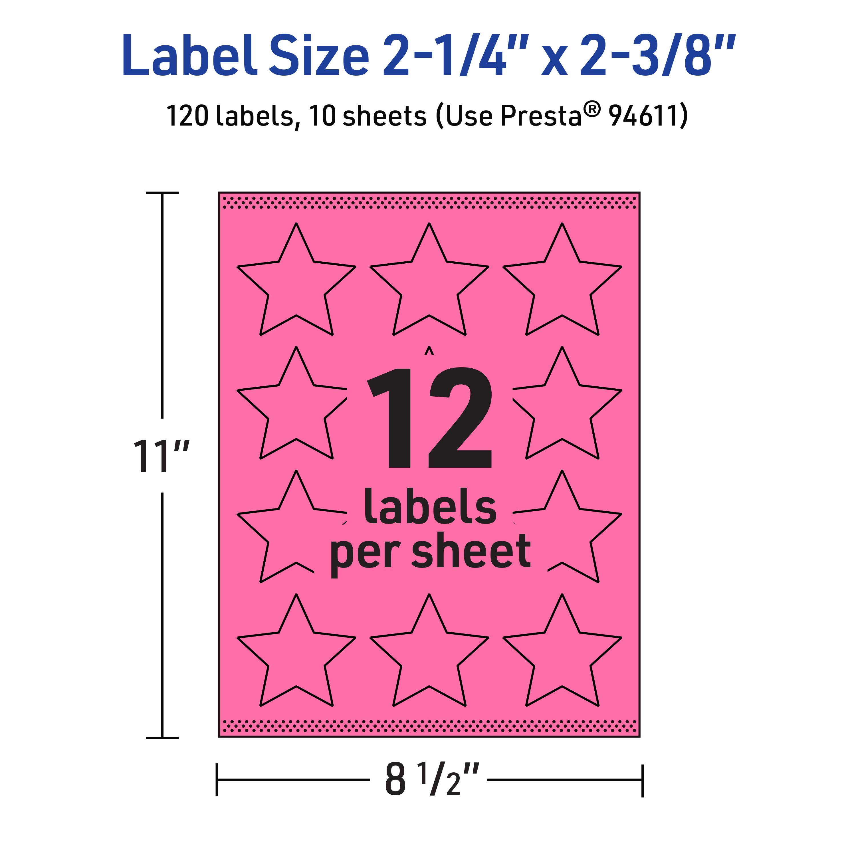 Label Size 2-1/4" x 2-3/8"  
120 labels, 10 sheets (Use Presta® 94611)  
12 labels per sheet  
11" x 8 1/2"