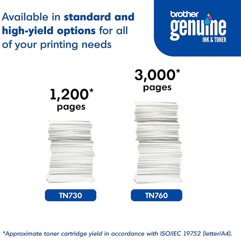 Available in standard and high-yield options for all of your printing needs brother genuine INK & TONER

1,200* pages
3,000* pages

TN730
TN760

*Approximate toner cartridge yield in accordance with ISO/IEC 19752 (letter/A4).