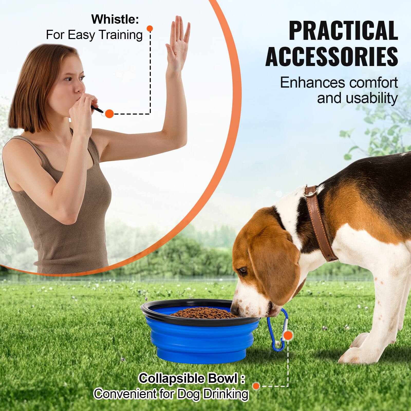 Whistle: For Easy Training, Collapsible Bowl: Convenient for Dog Drinking, PRACTICAL ACCESSORIES Enhances comfort and usability