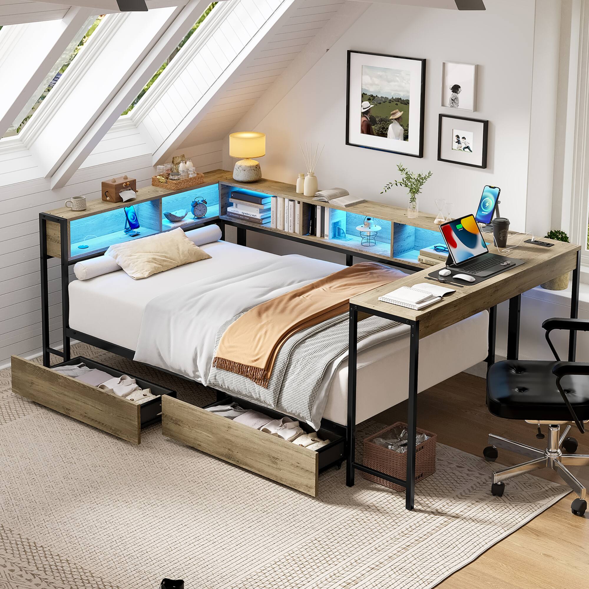 Alt View 1. GOODSILO - Compact Twin Corner Bed Frame with Integrated Bookcase, Underbed Storage Drawers, LED Lighting, and Charging Station - Grey.