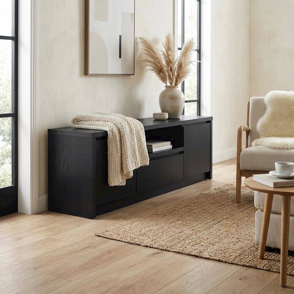 Alt View 2. FurniFact - Black 2-Door TV Stand Media Console with Contemporary Style and Engineered Wood - Black.