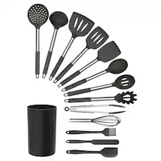 Front. MegaChef - MegaChef Gray Silicone and Stainless Steel Cooking Utensils, Set of 14 - Gray.