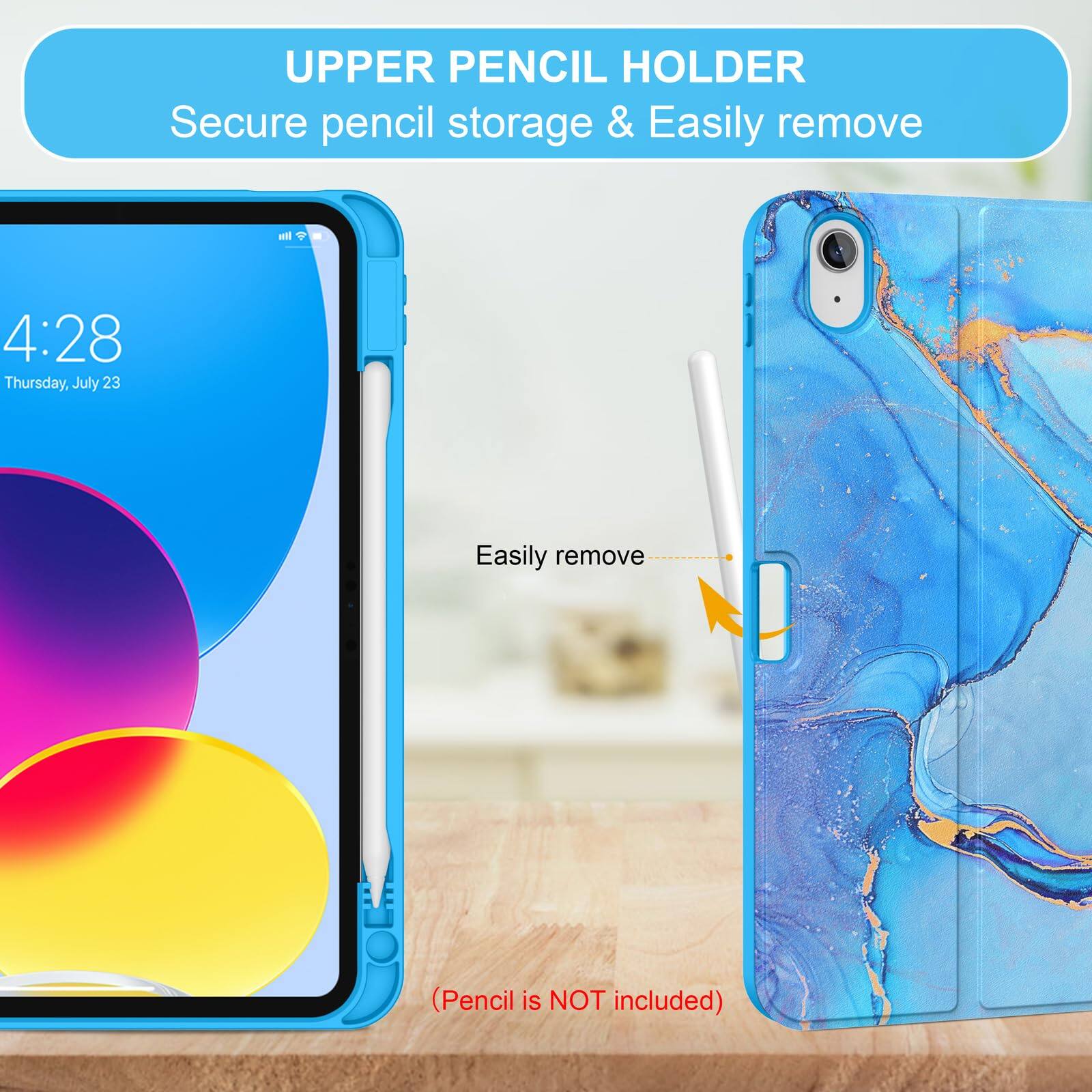 **UPPER PENCIL HOLDER**  
Secure pencil storage & Easily remove

4:28  
Thursday, July 23

Easily remove

(Pencil is NOT included)