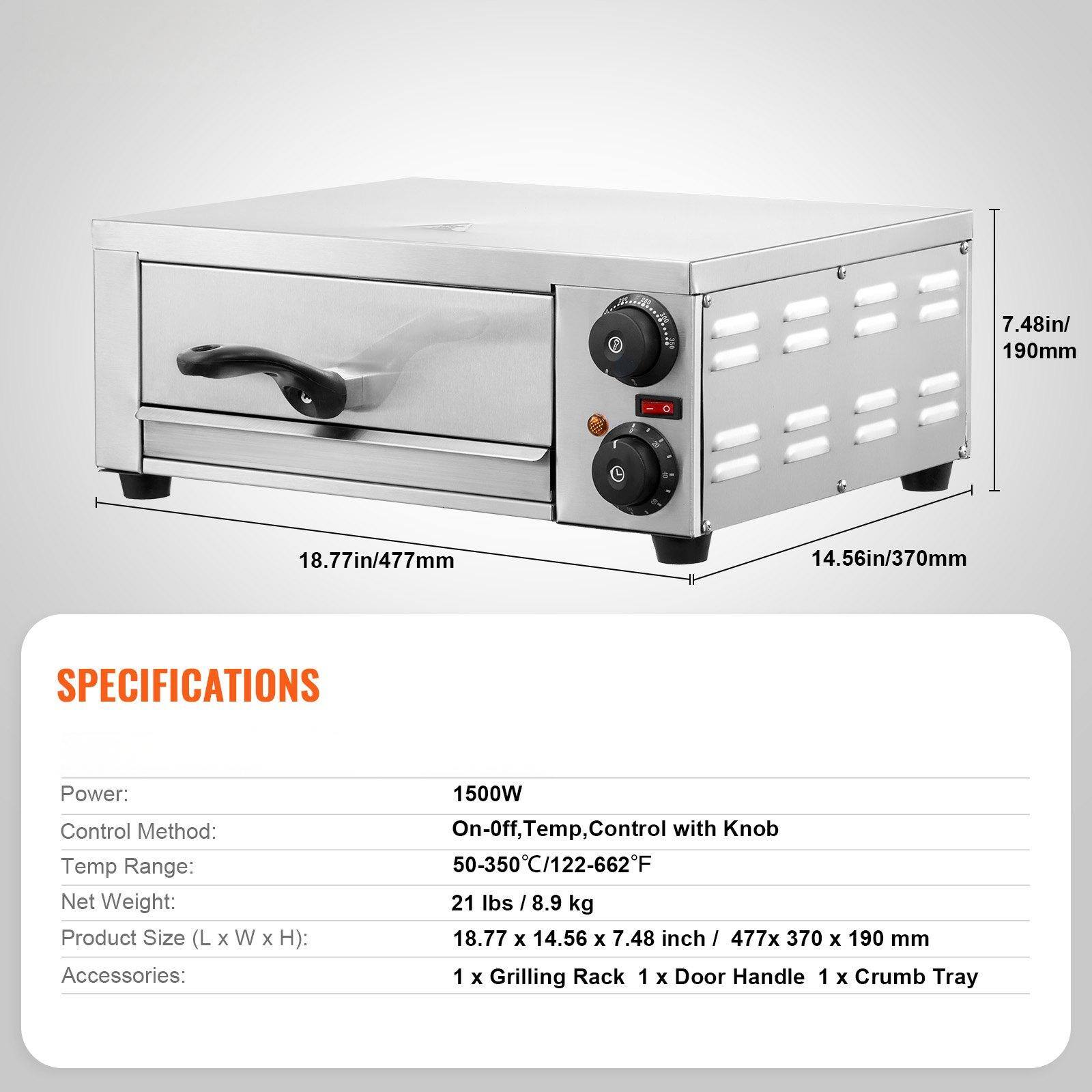 **SPECIFICATIONS**

- **Power:** 1500W
- **Control Method:** On-Off, Temp, Control with Knob
- **Temp Range:** 50-350°C / 122-662°F
- **Net Weight:** 21 lbs / 8.9 kg
- **Product Size (L x W x H):** 18.77 x 14.56 x 7.48 inch / 477 x 370 x 190 mm
- **Accessories:** 1 x Grilling Rack, 1 x Door Handle, 1 x Crumb Tray