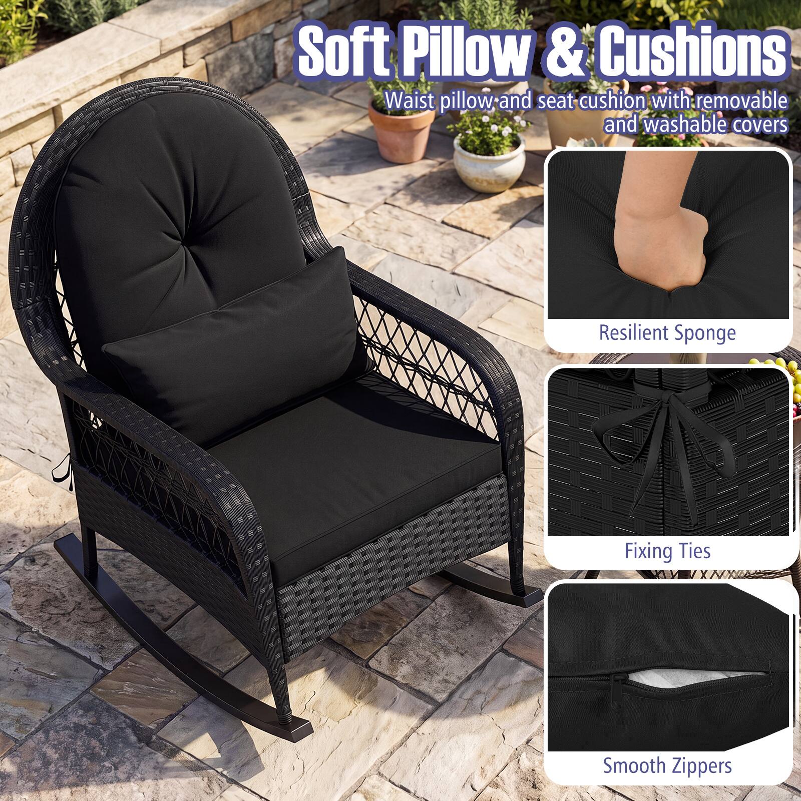 Soft Pillow & Cushions  
Waist pillow and seat cushion with removable and washable covers  

Resilient Sponge  
Fixing Ties  
Smooth Zippers