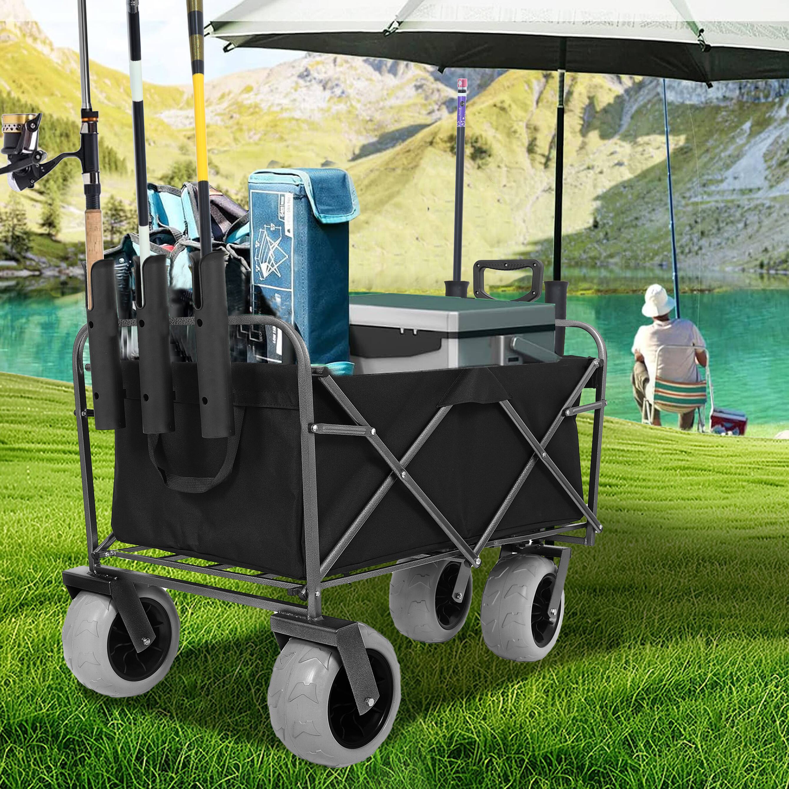 Angle. Mondawe - 500lbs Foldable Steel Wagon Utility Carts w/ Waterproof Fishing Cart with Rod Holders - Black.