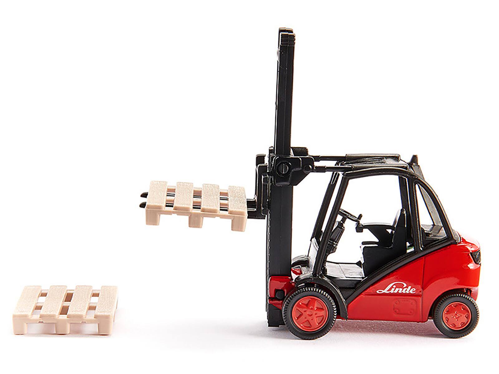 Left. SIKU - Linde Forklift Truck Red with 2 Pallet Accessories 1/50 Diecast Model by Siku - Red.