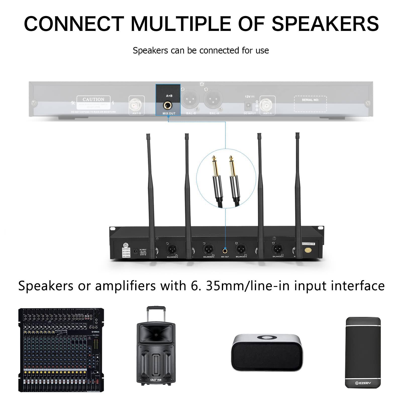 CONNECT MULTIPLE OF SPEAKERS  
Speakers can be connected for use  

Speakers or amplifiers with 6.35mm/line-in input interface