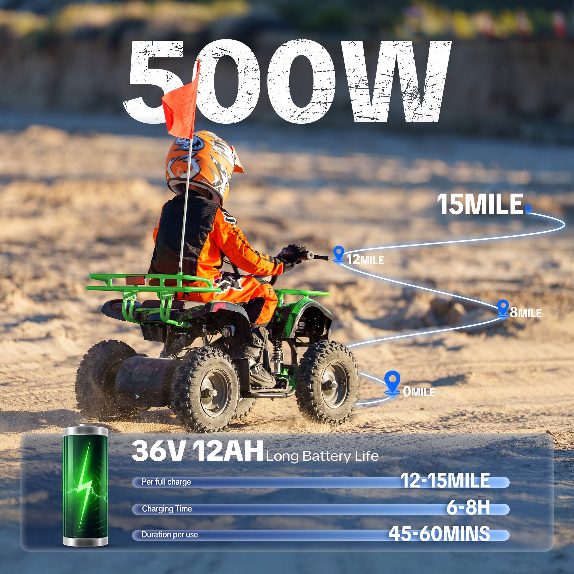 500W

15MILE
12MILE
8MILE
0MILE

36V 12AH Long Battery Life
Per full charge: 12-15MILE
Charging Time: 6-8H
Duration per use: 45-60MINS