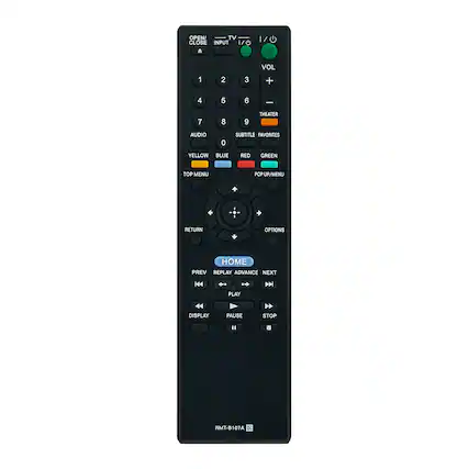OPEN/CLOSE
TV
INPUT
1 2 3
4 5 6
7 8 9
VOL + -
THEATER
AUDIO
0
SUBTITLE
FAVORITES
YELLOW
BLUE
RED
GREEN
TOP MENU
POP UP/MENU
RETURN
OPTIONS
HOME
PREV
REPLAY
ADVANCE
NEXT
PLAY
PAUSE
STOP
DISPLAY
RMT-B107A