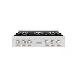ZLINE - 36 in. Classic Gas Rangetop w/ 6 Brass Burners & Porcelain Cooktop in Satin Stainless Steel - Satin Stainless Steel