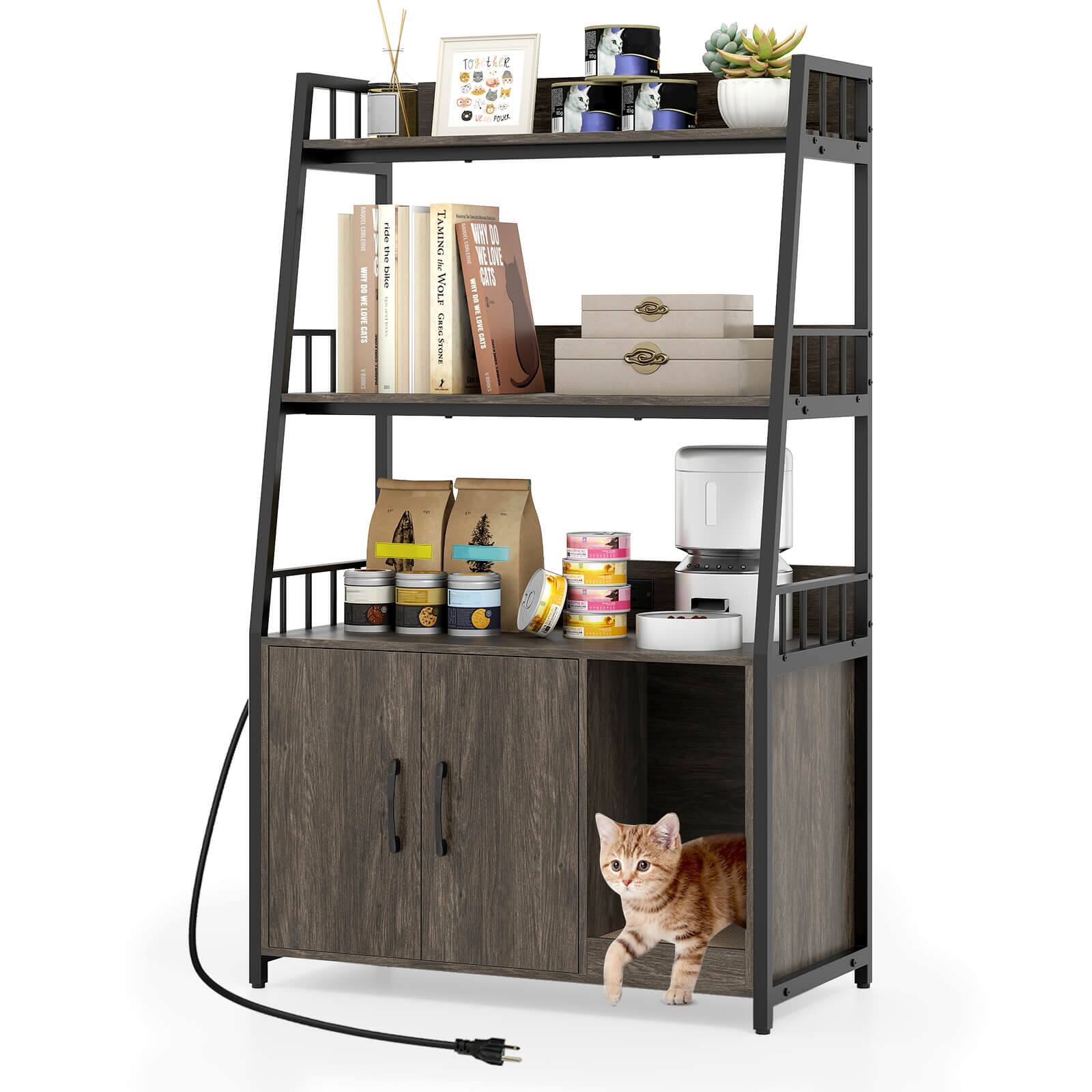 Costway - Cat Litter Box Enclosure with Storage Shelves with Scratching Pad, Charging Station - Gray