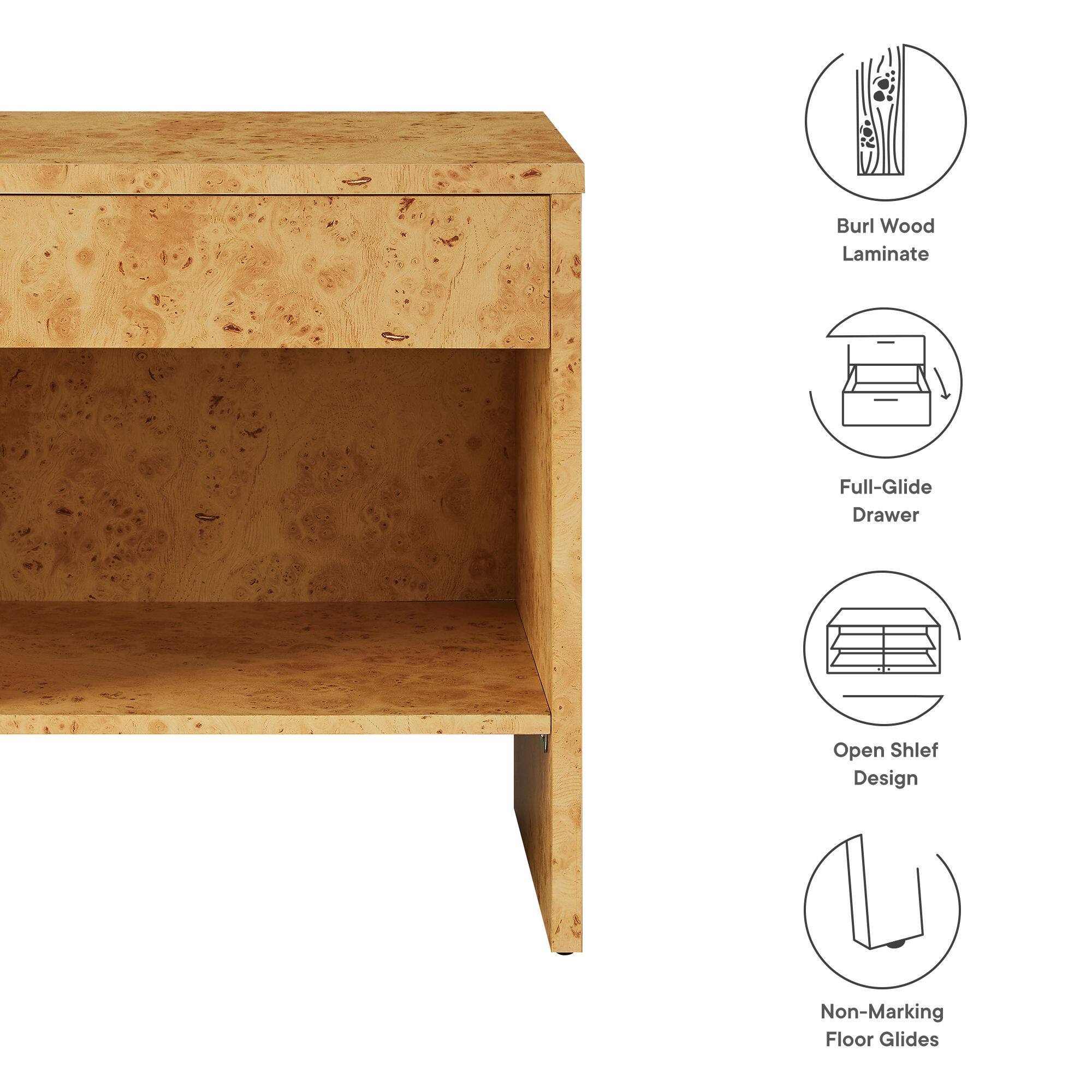 Burl Wood Laminate  
Full-Glide Drawer  
Open Shelf Design  
Non-Marking Floor Glides