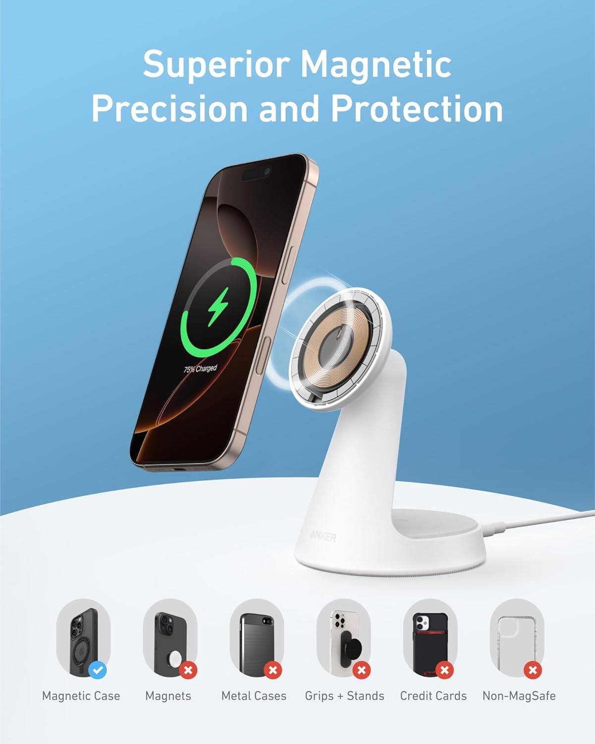 Superior Magnetic Precision and Protection

75% Charged

Magnetic Case ✔️  
Magnets ❌  
Metal Cases ❌  
Grips + Stands ❌  
Credit Cards ❌  
Non-MagSafe ❌