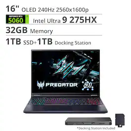 Acer - Predator Helios Neo 16S AI Gaming Laptop - 16" OLED 240Hz - Intel Core Ultra 9 - NVIDIA GeForce RTX 5060 – 32GB – 1TB - Obsidian Black