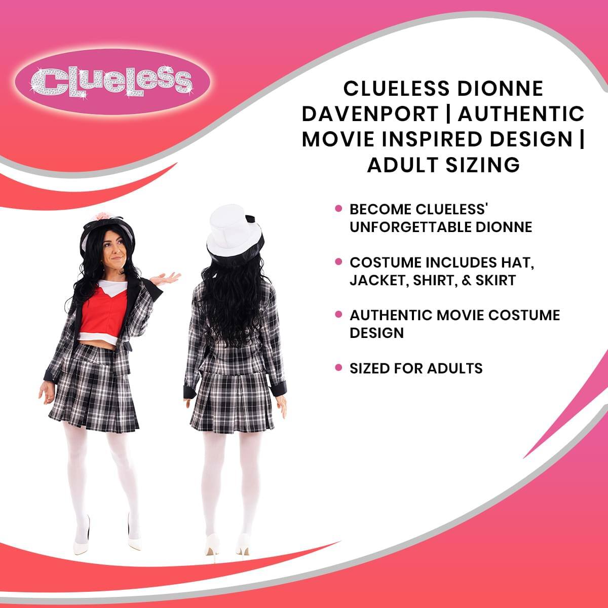Clueless Dionne Davenport | Authentic Movie Inspired Design | Adult Sizing

- Become Clueless' Unforgettable Dionne
- Costume Includes Hat, Jacket, Shirt, & Skirt
- Authentic Movie Costume Design
- Sized for Adults
