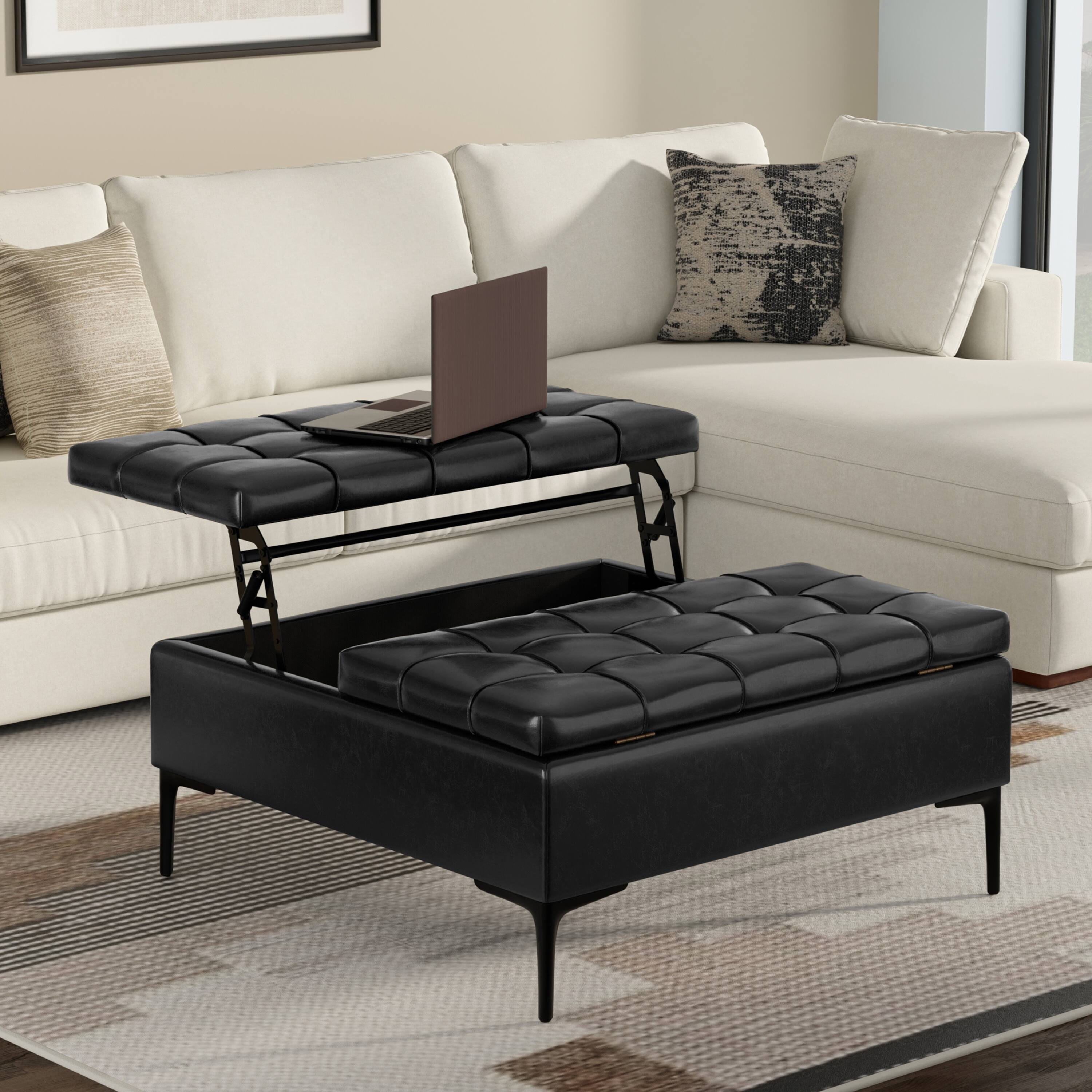 Angle. Simpli Home - Laura 36 inch Transitional Square Mid Century Lift Top Storage Ottoman in Midnight Black Vegan Faux Leather, Assembled - Midnight Black.