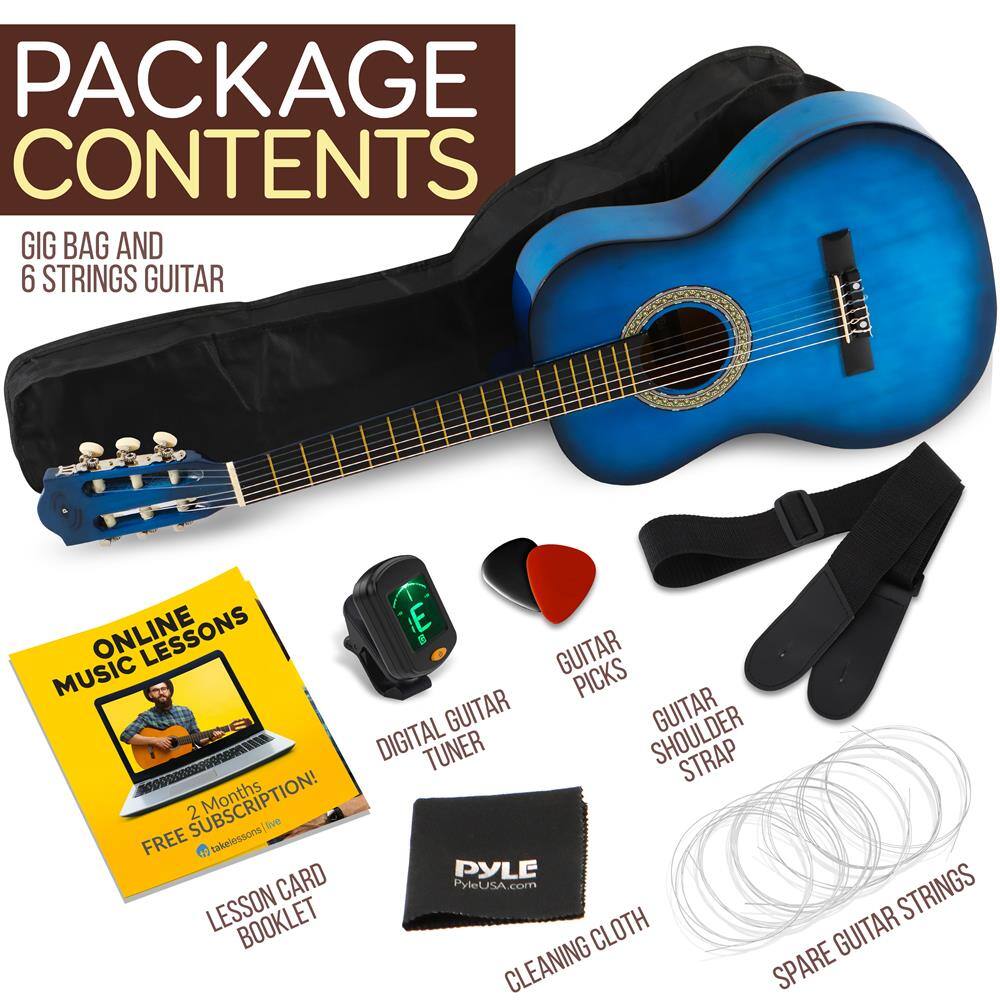 PACKAGE CONTENTS

- GIG BAG AND 6 STRINGS GUITAR
- ONLINE MUSIC LESSONS (2 Months FREE SUBSCRIPTION!)
- DIGITAL GUITAR TUNER
- GUITAR PICKS
- GUITAR SHOULDER STRAP
- CLEANING CLOTH
- SPARE GUITAR STRINGS
- LESSON BOOKLET
- PYLE CLEANING CLOTH
