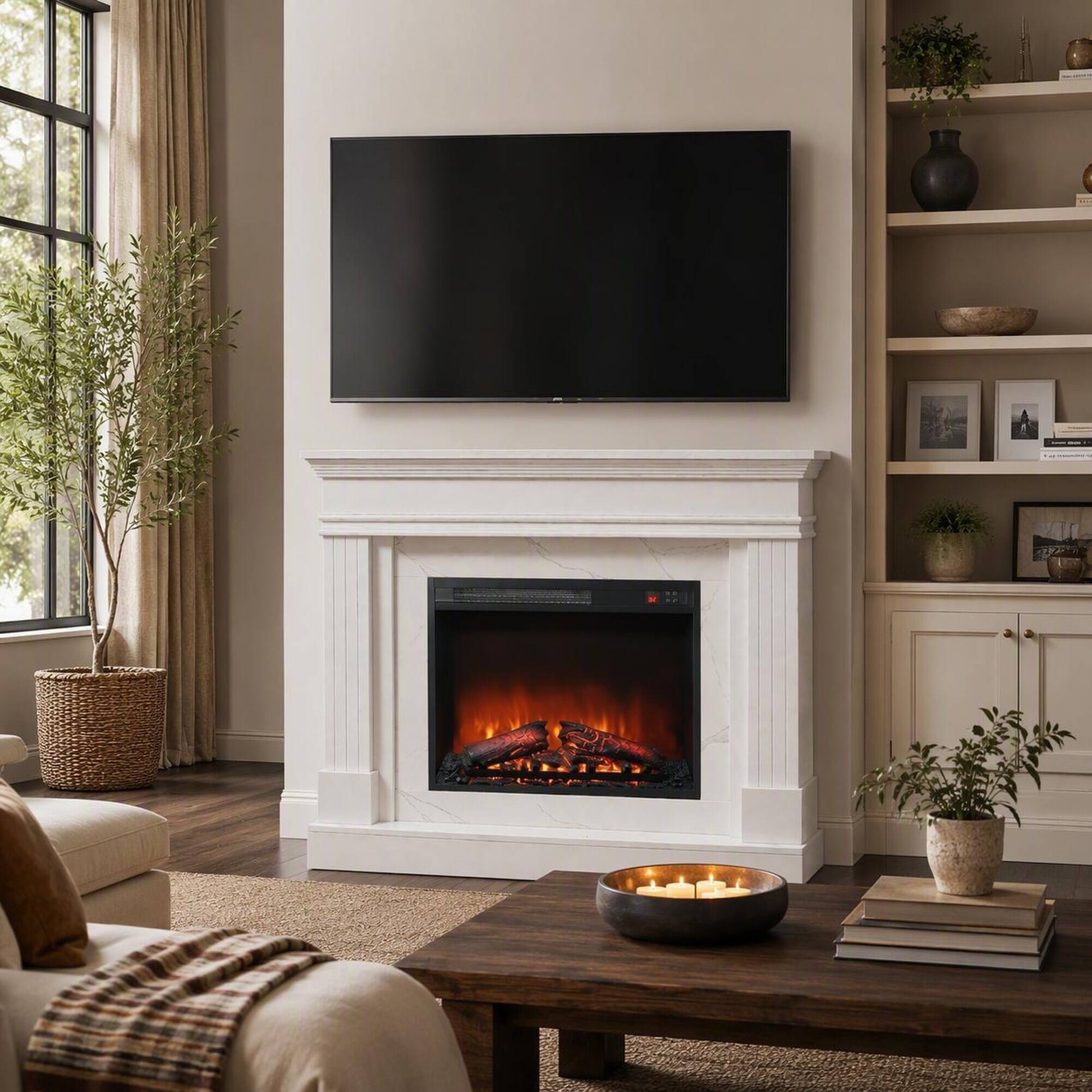 Angle. RYHNUYNE - 44 Inch Electric Fireplace With Mantel 23 Inch Insert Heater, Realistic Log Flame Remote Timer For Living Room Bedroom - Jasmine White.