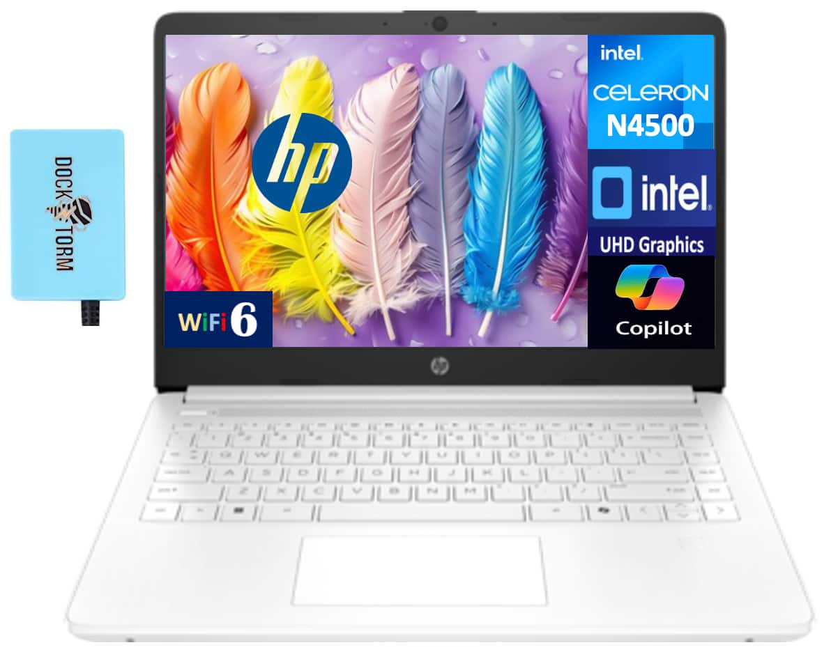 HP - 14 Laptop 14.0 HD (Intel Celeron N4500, 16GB DDR4, 256GB PCIe SSD, Intel UHD, Win 11 Pro) w/USB Hub - Snowflake White