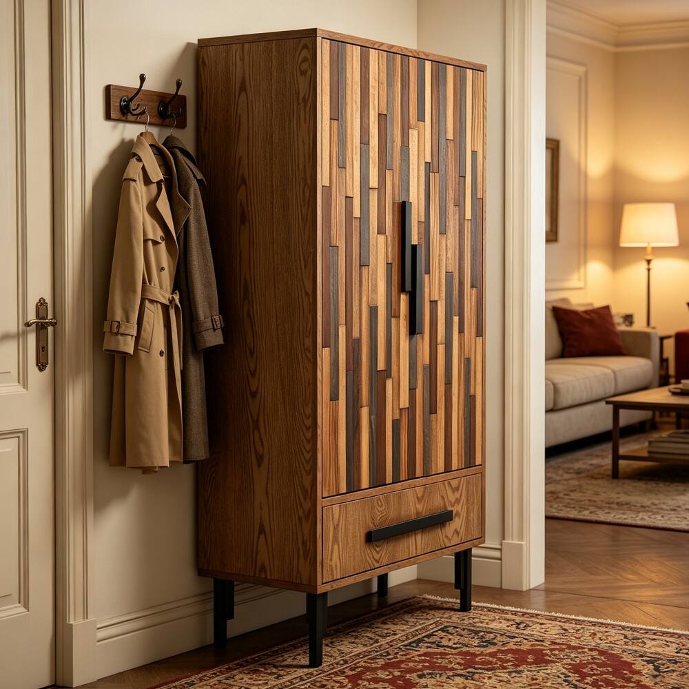 Left. Loheer - Loheer Tall Storage Cabinet with Drawer Wood Accent Sideboard for Living Room Hallway Freestanding Two Door Furniture - Ash Wood Grain.