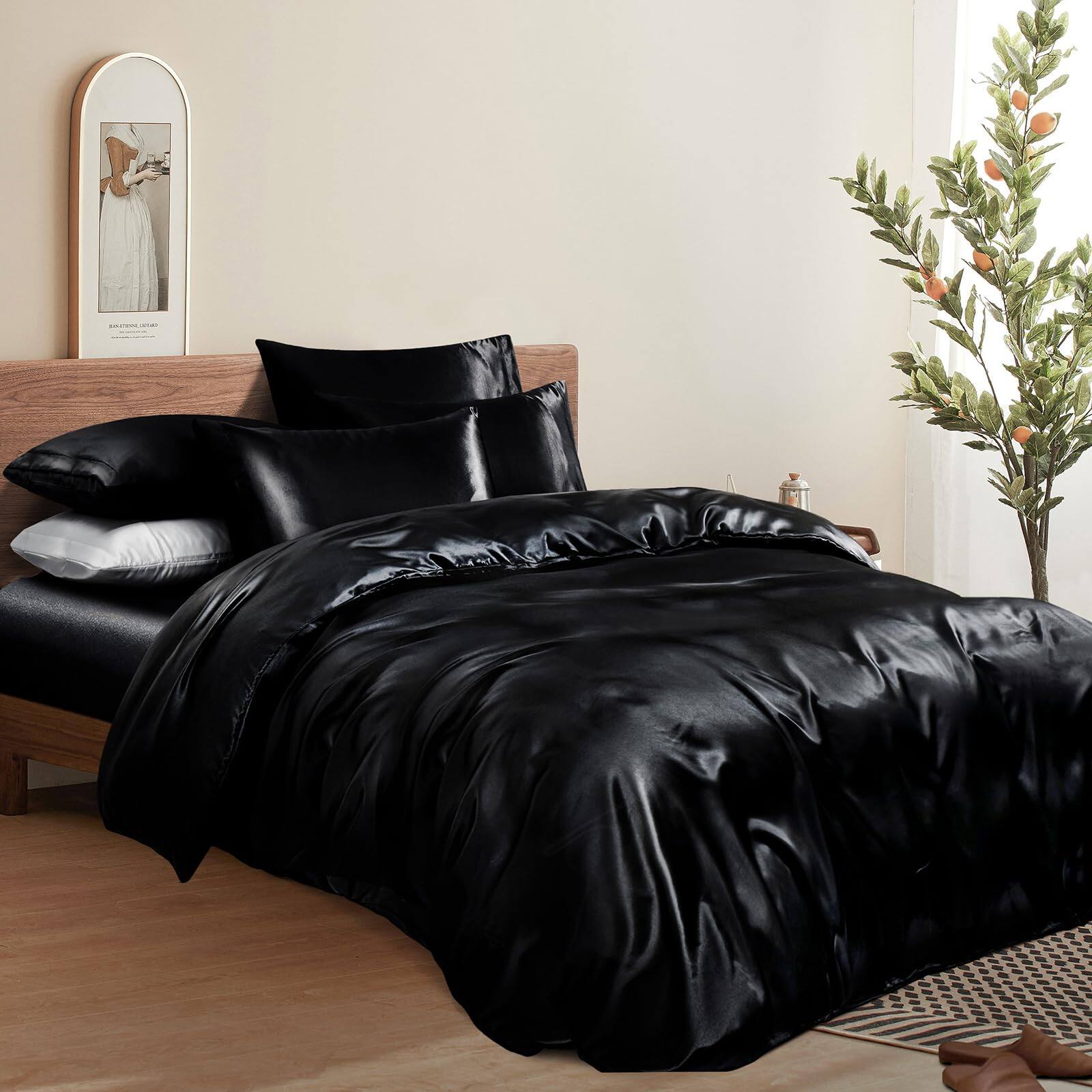 Alt View 2. Dapper Styles - Duvet Cover Set - Satin Fitted Sheet Pillowcases Silky Comforter - Black-King(Not Comforter).