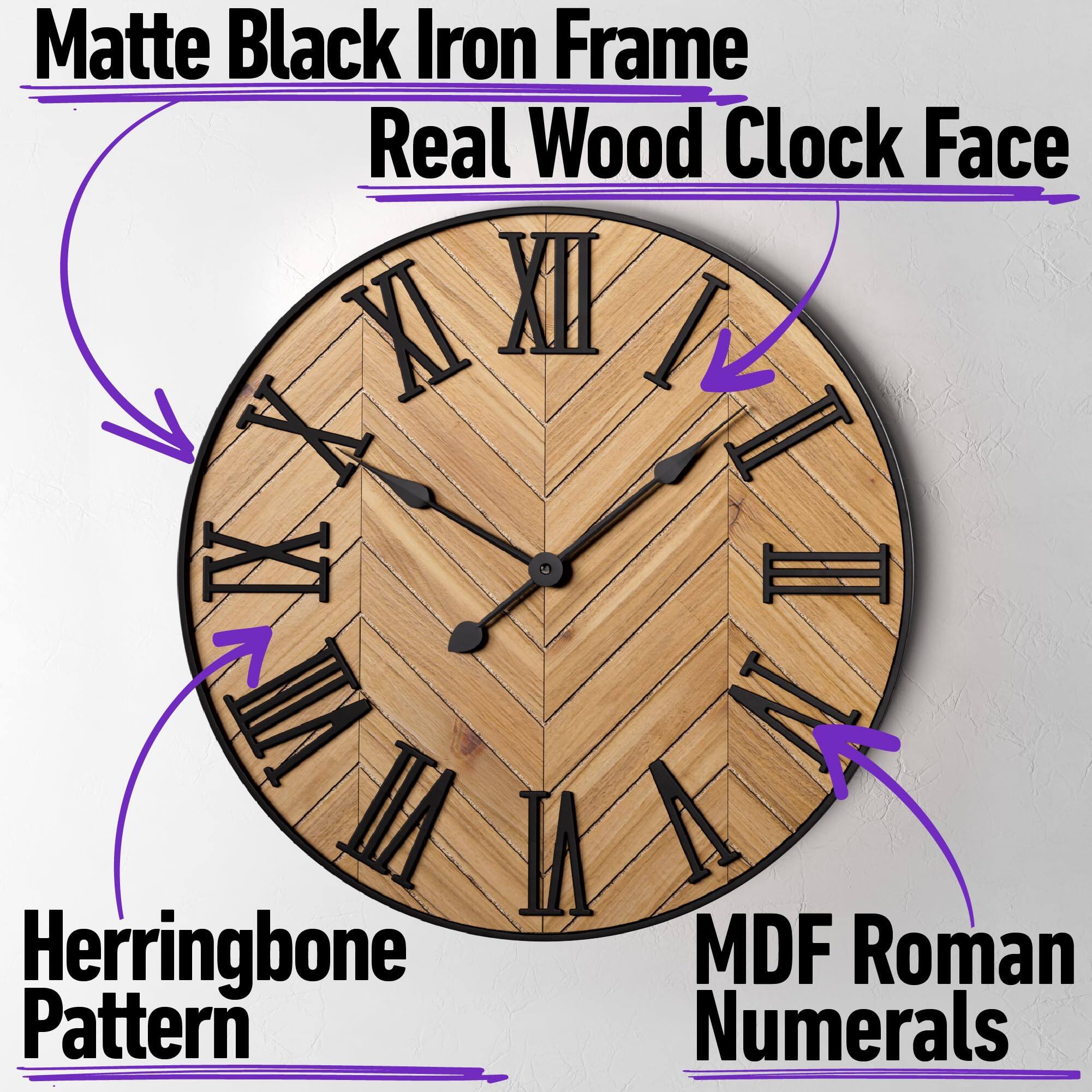 Matte Black Iron Frame  
Real Wood Clock Face  

Herringbone Pattern  
MDF Roman Numerals