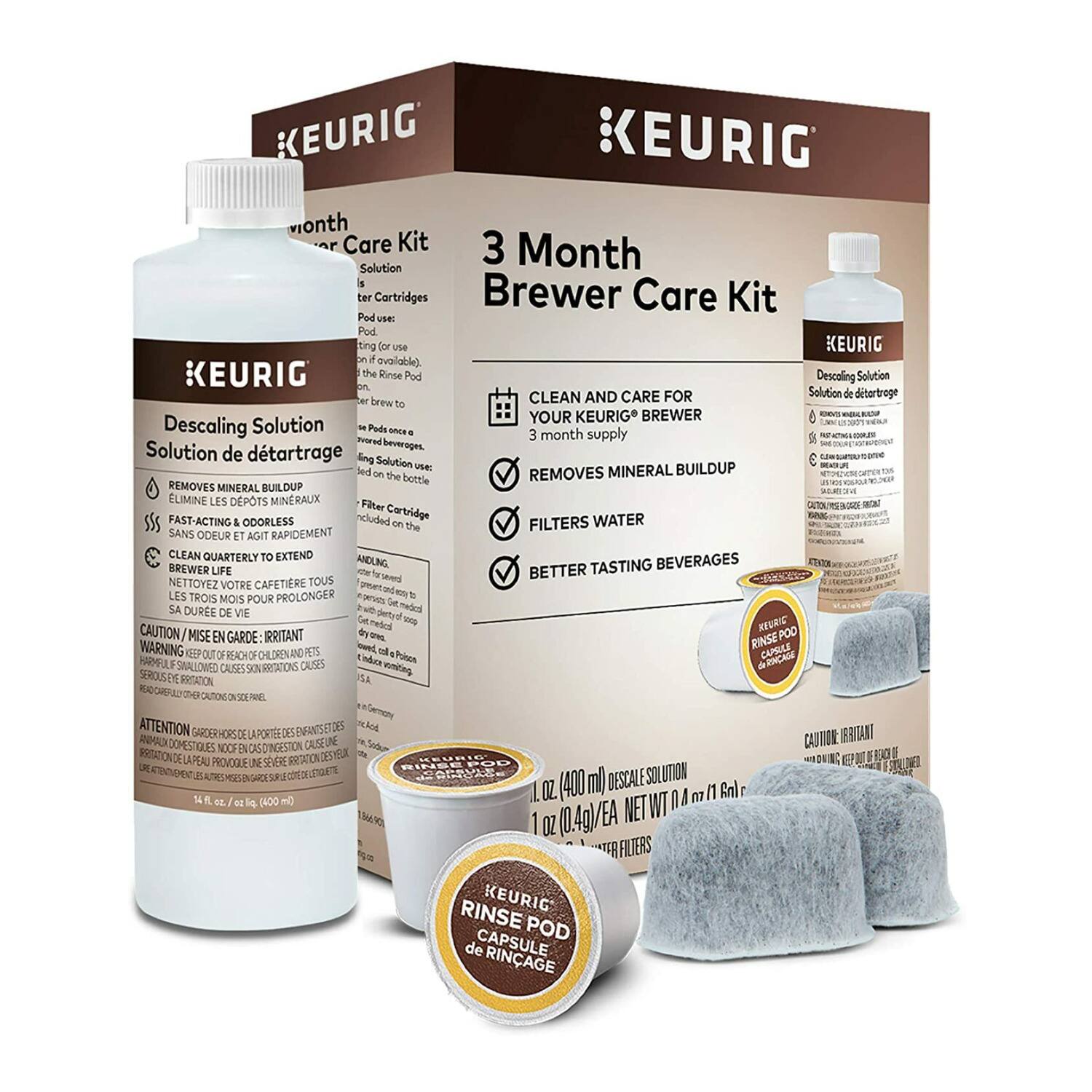 KEURIG 3 Month Brewer Care Kit

Descaling Solution
- Removes mineral buildup
- Fast-acting & odorless
- Filters water
- Better tasting beverages

Rinse Pod
- 10 pods

Clean and care for your KEURIG brewer every 3 months to extend its life.