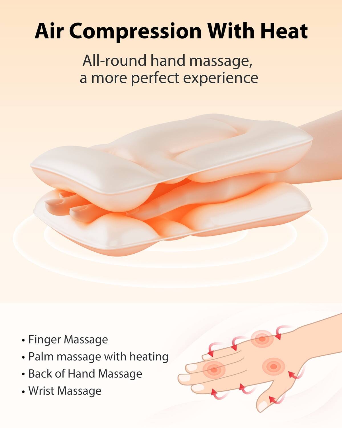 Air Compression With Heat

All-round hand massage, a more perfect experience

- Finger Massage
- Palm massage with heating
- Back of Hand Massage
- Wrist Massage