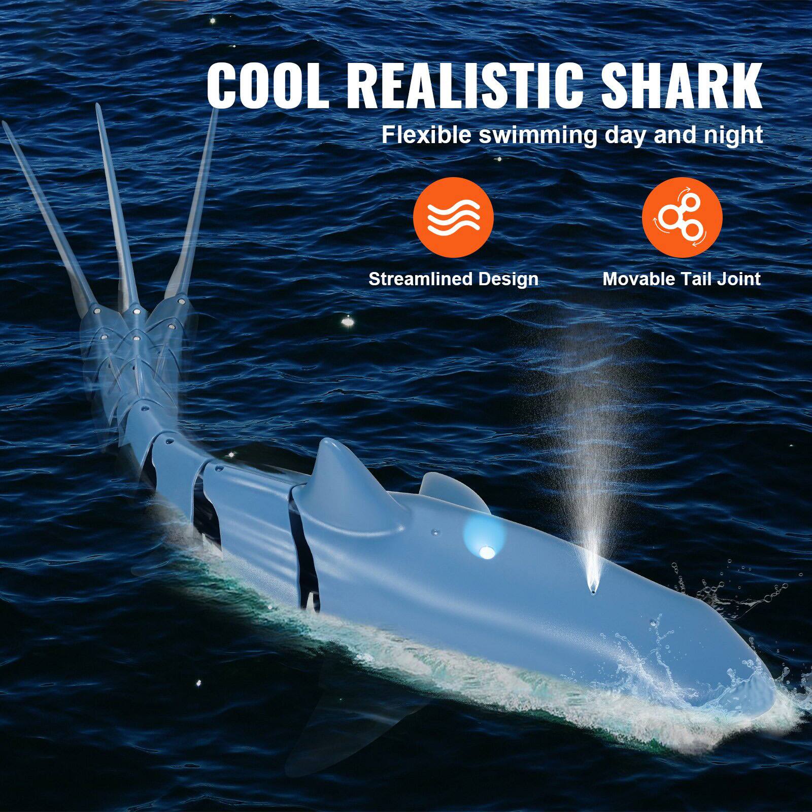 COOL REALISTIC SHARK  
Flexible swimming day and night  

Streamlined Design  
Movable Tail Joint