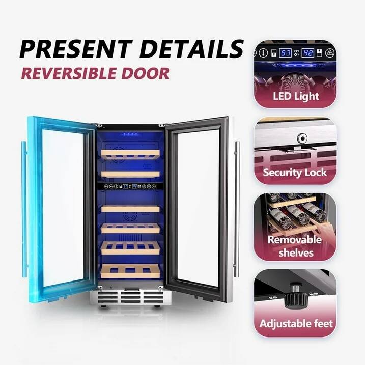 PRESENT DETAILS  
REVERSIBLE DOOR  

- LED Light  
- Security Lock  
- Removable shelves  
- Adjustable feet