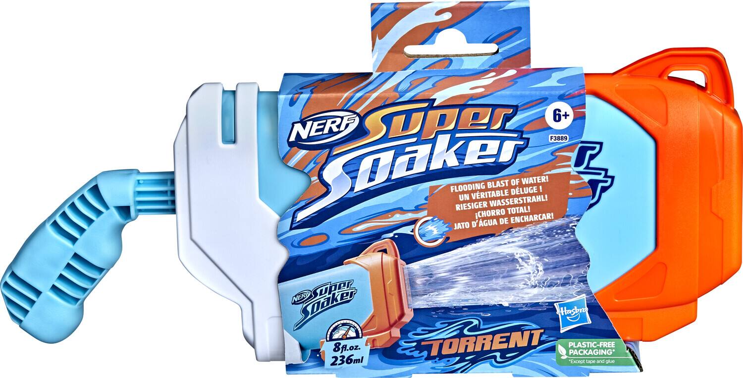 6+ NERF Super Soaker F3889  
BLAST OF WATER!  
FLOODING DELUGE!  
UN VERTABLE RIESIGER WASSERSTRAHL!  
CHORRO TOTAL!  
D'GUA DE ENCHARCAR!  
JATO NERT Super Soaker  
Hasbro 8fl.oz.  
TORRENT  
PLASTIC-FREE PACKAGING  
236ml  
"Except tape and glue"