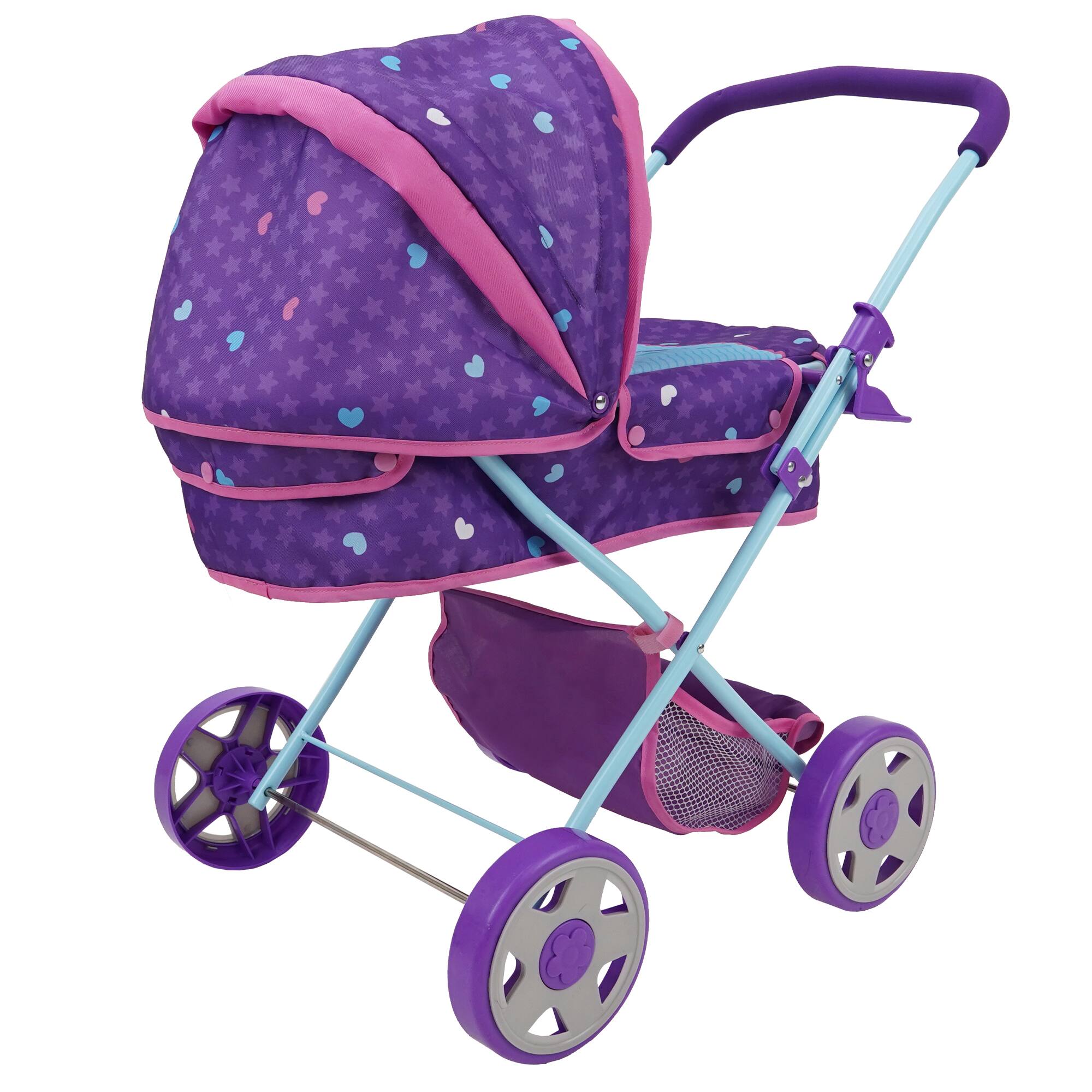Angle. 509 Crew - Mermaid Doll Pram W/ Large Canopy, Shopping Basket & Removable Carry Cot Bed.