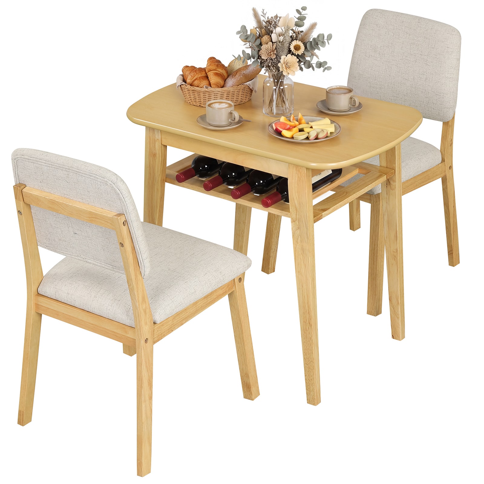 Costway - 3-Piece Dining Table Set for 2, Solid Wood Kitchen Table with Storage Rack & Chairs - Beige and Natural