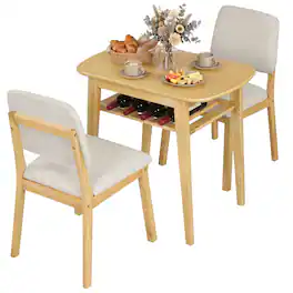 Costway - 3-Piece Dining Table Set for 2, Solid Wood Kitchen Table with Storage Rack & Chairs - Beige and Natural