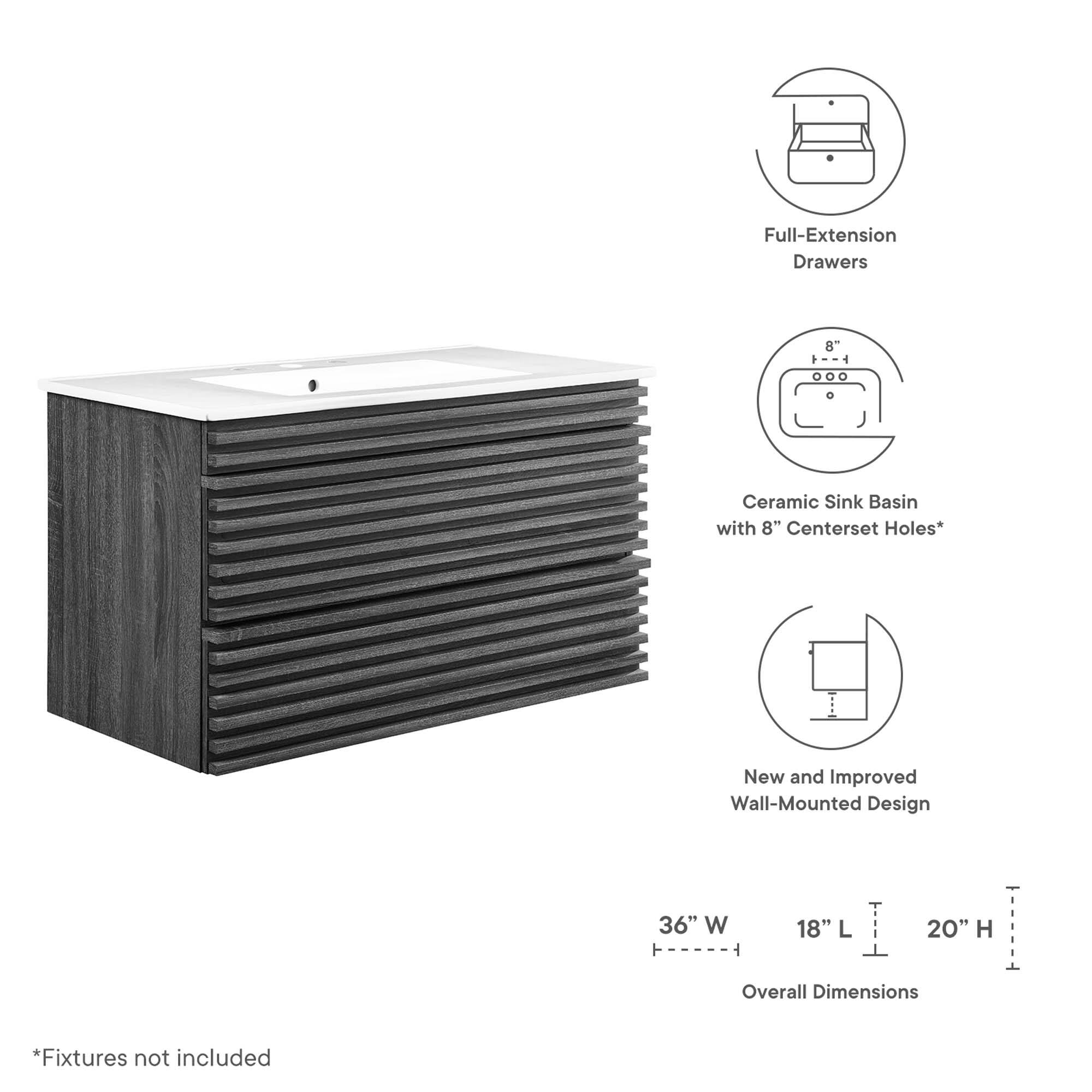Full-Extension Drawers  
Ceramic Sink Basin with 8" Centerset Holes*  
New and Improved Wall-Mounted Design  

Overall Dimensions:  
36" W x 18" L x 20" H  

*Fixtures not included
