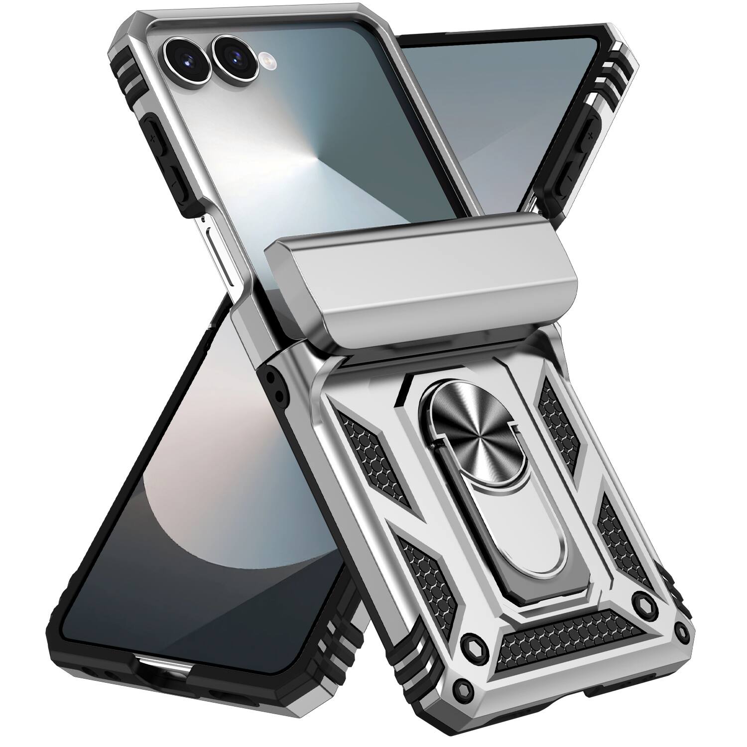 Angle. Dteck - For Samsung Galaxy Z Flip 7 Heavy Duty Rugged Case Shockproof Ring Kickstand Hinge Protection Cover Magnetic Car Mount - Silver.