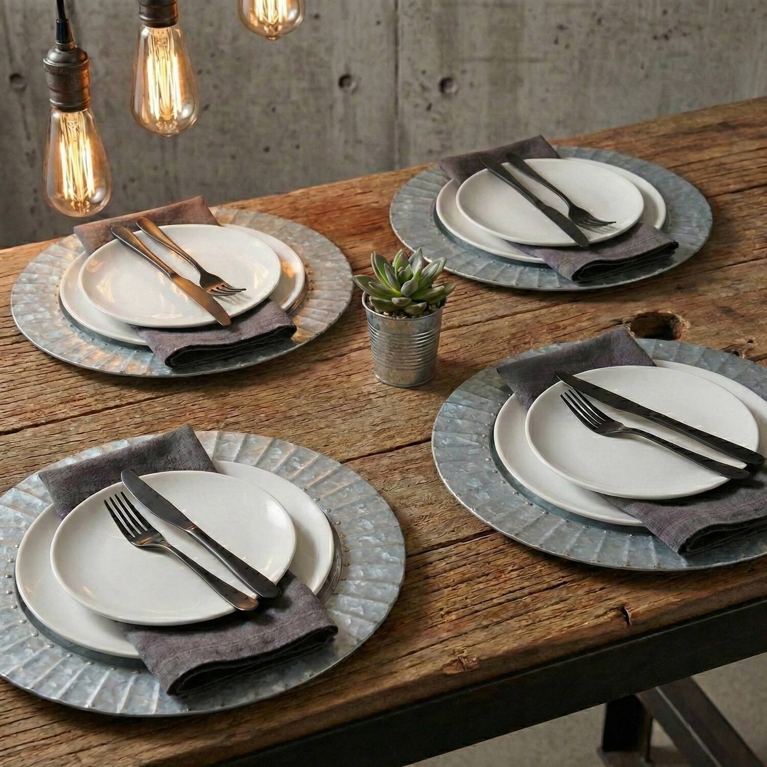 Left. Jay Import - Set of 4 Galvanized Ribbed Charger Plate 13"D - Silver.