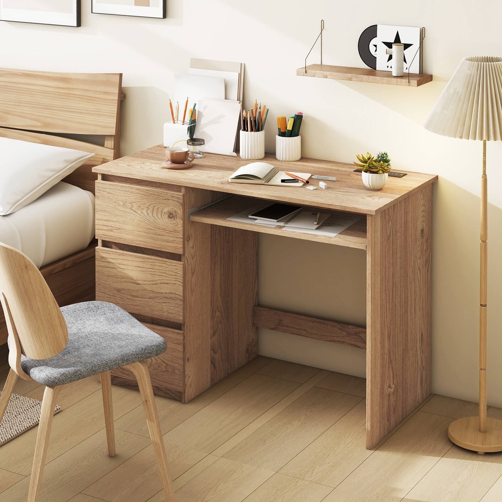 Alt View 1. Ecooso - Computer Desk with Power Outlet, Keyboard Tray and 3 Large Drawers for Home Office Setup - Natural.